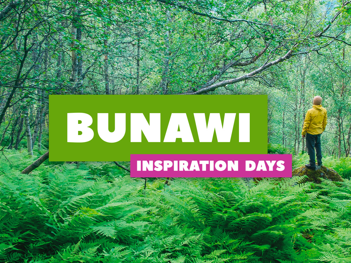 Schriftzug: BUNAWI-Inspiration Days und Mann steht im Wald 